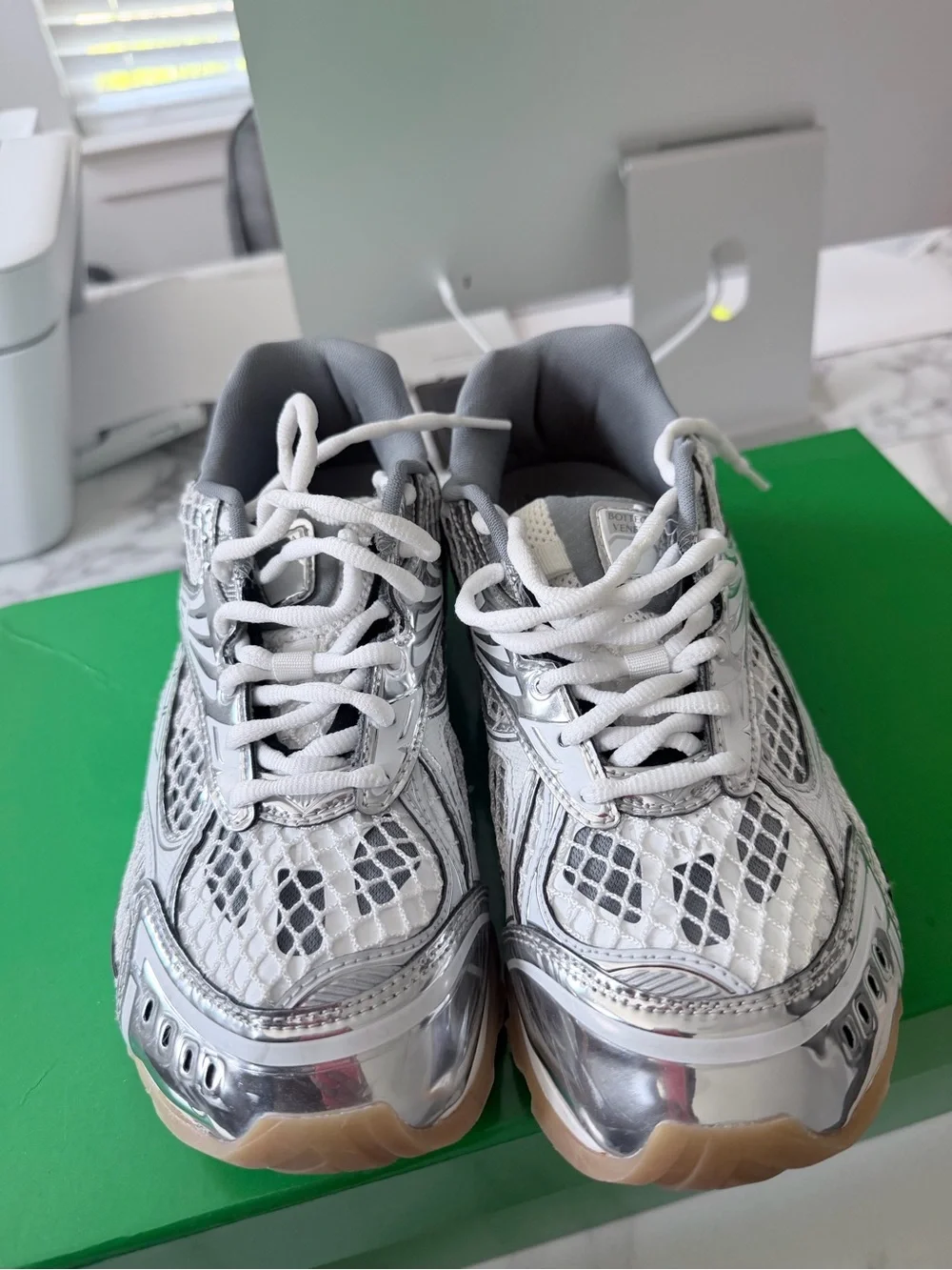 Bottega Veneta Silver, White & Green Kids Sneakers